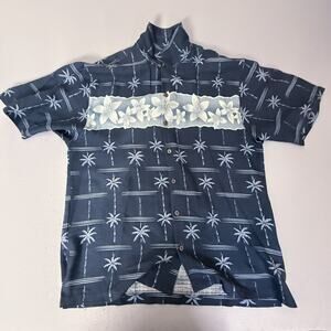 Tommy Bahama L 100% Silk Hawaiian Shirt Black Palm Tree Floral Camp Collar